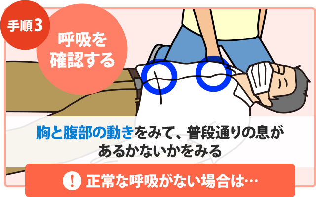 手順3：呼吸を確認する。普段どおりの息（正常な呼吸）があるかないかを「見て、聴いて、感じる。」