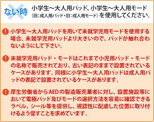 ない時：小学生～大人用パッド、小学生～大人用モード（旧：成人用パッド・旧：成人用モード）を使用してください。※小学生～大人用パッドを用いて未就学児用モードを使用する場合、未就学児用パッドより大きいので、パッドが触れ合わないようにして下さい。※未就学児用パッド・モードはこれまで小児用パッド・モードの名称で販売されており、古い表記のままで設置されているケースがあります。同様に小学生～大人用パッドは成人用パッドの表記で設置されているケースがあります。