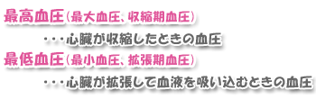 最高血圧 (最大血圧、収縮期血圧)・・・心臓が収縮したときの血圧
最低血圧 (最小血圧、拡張期血圧) ・・・心臓が拡張して血液を吸い込むときの血圧