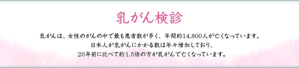 乳がん検診 乳がんは、女性のがんの中で最も患者数が多く、年間約14,800人が亡くなっています。日本人が乳がんにかかる数は年々増加しており、20年前に比べて約1.5倍の方が乳がんで亡くなっています。