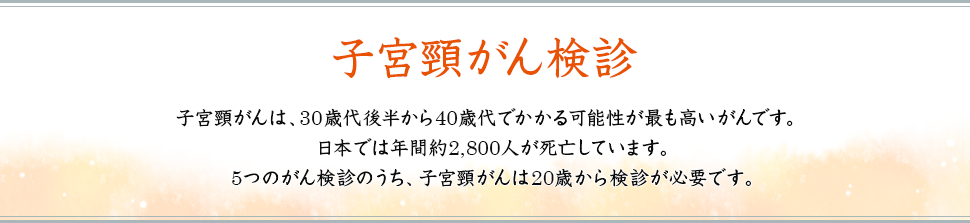 子宮頸がん検診 子宮頸がんは、30歳代後半から40歳代でかかる可能性が最も高いがんです。日本では年間約2,800人が死亡しています。5つのがん検診のうち、子宮頸がんは20歳から検診が必要です。