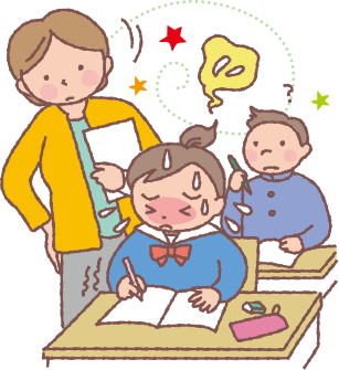 生徒に注目する教師と、その状況に不安を感じている生徒のイラスト