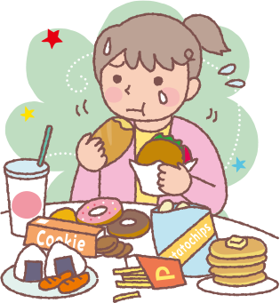 辛そうに沢山食べている女性のイラスト